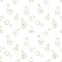 Seamless pattern with magic bottles. Printing on fabric. Magic potion. Ornament with flasks with elixir with occult unreal signs and symbols. vector