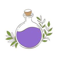 Magic purple flask bottle, doodle hand drawn in boho style with leaves, isolated on white background. vector