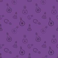 Seamless purple pattern with magic bottles. Printing on fabric. Magic potion. Ornament with flasks with elixir with occult unreal signs and symbols. vector