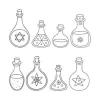 Set of bottles and flask with magic potions. Doodle hand drawn stylized. vector