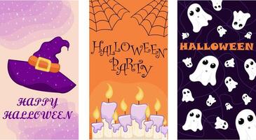 set of halloween backgrounds, for web, for stories Instagram and social media, for invitations, for print, for card, for kids, illustration, three backgraunds, trick or treat, orange and violet vector
