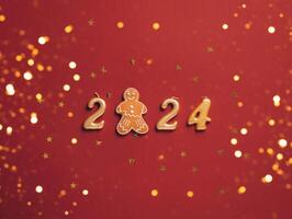 New year date numbers 2024 and gingerbread man cookies red festive background with confetti sparkles photo