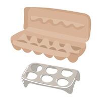 A set of two illustrations shows an open empty cardboard box, usually used for transporting and displaying eggs, and shows a plastic egg tray designed to store eggs in the refrigerator. Collection vector
