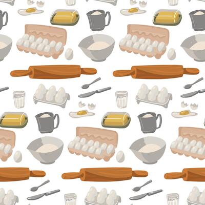 A pattern with images of the main baking ingredients sifted flour, measuring cup, fresh chicken egg, rolling pin, glass of milk, spoon, knife, butter. Seamless kitchen illustration