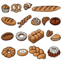 Set of colorful bakery products with a natural illustration with a contour. Cupcake, muffin, cookies, cottage cheese, croissant, scheme. a loaf, a basket, a bagel. Baking from different types of dough vector