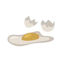 A close-up image of a broken chicken egg with a cracked shell. The yolk is visible, ready for cooking or baking. The yolk and white of a broken white chicken egg. Isolated product vector