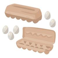 Two images of a cardboard egg carton open and closed. The closed box has a classic design, and the open one has empty cells in which you could put eggs. White chicken eggs all around. Isolated items vector