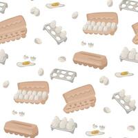 A pattern with illustrations of different types of egg cartons. The paper and plastic shape of the cell and whole white chicken eggs in which you can put eggs, a broken egg. Packaging vector