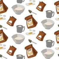 A pattern with images of the main baking ingredients is a paper bag with flour, a plate filled with sifted flour, and a fresh chicken egg, a sugar, and a spatula. Seamless kitchen illustration vector