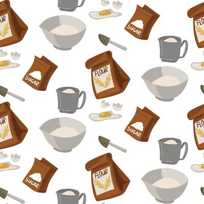 A pattern with images of the main baking ingredients is a paper bag with flour, a plate filled with sifted flour, and a fresh chicken egg, a sugar, and a spatula. Seamless kitchen illustration
