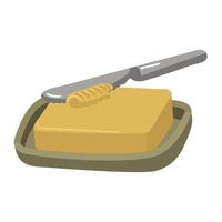 A piece of butter is cut off with a metal knife for spreading on bread. Perfect for adding juiciness and flavor to your culinary creations. The separated piece of butter is cut off with a knife vector