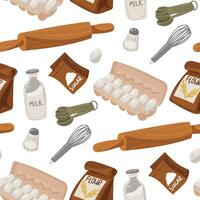 A pattern with images of the main baking ingredients a paper bag with flour, a rolling pin, salt, a fresh chicken egg, a whisk, a bottle of milk, measuring spoons. Seamless kitchen illustration vector