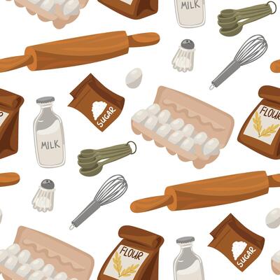 A pattern with images of the main baking ingredients a paper bag with flour, a rolling pin, salt, a fresh chicken egg, a whisk, a bottle of milk, measuring spoons. Seamless kitchen illustration