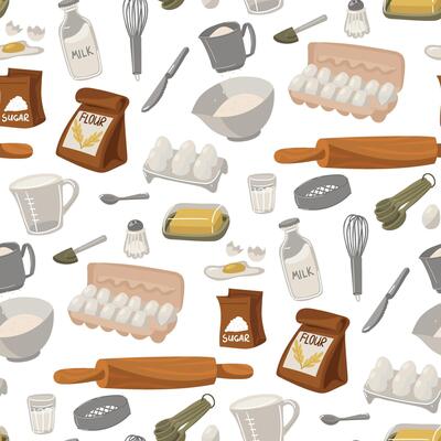 pattern with images of the main ingredients for baking flour and sugar in paper bag, measuring cup, fresh chicken egg, wooden rolling pin, a glass of milk, spoon, a knife, butter. Seamless kitchen