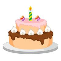 illustration of a birthday cake, cakes and cupcakes, candles and decorations. Layered cakes with icing and cream insulated with burning candles. Chocolate and vanilla pastry with cream vector