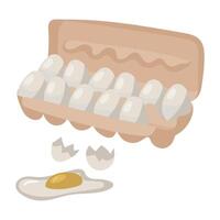 A package of fresh white chicken eggs with one broken egg. The open container with a lid is made of recyclable cardboard. Ingredients for cooking, baking. The container is completely filled with eggs vector