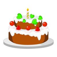 illustration of a birthday cake, cakes and cupcakes, candles and decorations. Layered cakes with icing and cream insulated with burning candles. Chocolate and vanilla pastries with cream hearts vector