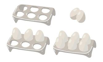 There are several options for a 6-place plastic egg tray designed for storage in the refrigerator. Tray is filled with fresh white chicken eggs with different fillability. Set of plastic storage molds vector