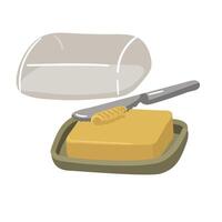 Oil pan with a piece of butter and a glass lid, a metal knife cuts off a layer of oil. Perfect adding juiciness and flavor to your culinary creations. Isolated piece of butter is cut off with a knife vector
