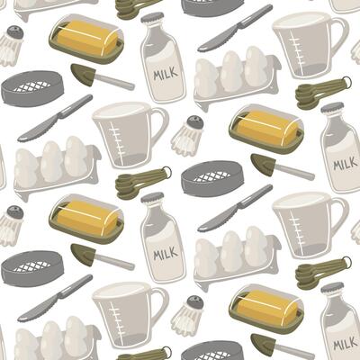 pattern with images of the main baking ingredients is a paper bag with sugar, a measuring cup, a fresh chicken egg, a knife, a bottle of milk, measuring spoons, butter. Seamless kitchen illustration