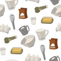 pattern with images of the main baking ingredients is a paper bag with sugar, a measuring cup, a fresh chicken egg, a whisk, a glass of milk, measuring spoons, butter. Seamless kitchen illustration vector