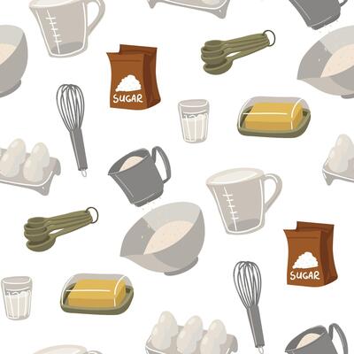 pattern with images of the main baking ingredients is a paper bag with sugar, a measuring cup, a fresh chicken egg, a whisk, a glass of milk, measuring spoons, butter. Seamless kitchen illustration
