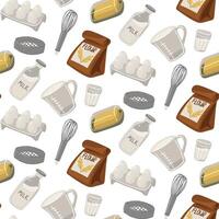 A pattern with images of the main ingredients for baking is a paper bag with flour, a sieve, a measuring bowl, a fresh chicken egg, a whisk, a bottle of milk, butter. Seamless kitchen illustration vector