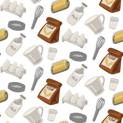 A pattern with images of the main ingredients for baking is a paper bag with flour, a sieve, a measuring bowl, a fresh chicken egg, a whisk, a bottle of milk, butter. Seamless kitchen illustration