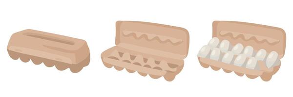 Several illustrations of a cardboard egg box open and closed. Closed box has a classic design, and the open one has empty cells and full white chicken eggs in which you could put eggs. Isolated items vector