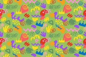 Colorful doodle and organic shapes seamless pattern. Fun scribble various geometric shapes pattern. Childish scribble shape pattern vector