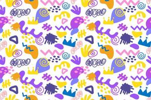 Colorful doodle and organic shapes seamless pattern. Fun scribble various geometric shapes pattern. Childish scribble shape pattern vector