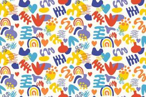 Colorful doodle and organic shapes seamless pattern. Fun scribble various geometric shapes pattern. Childish scribble shape pattern vector