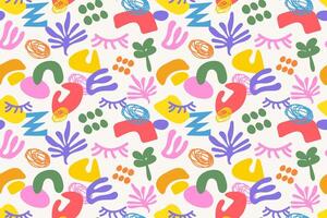 Colorful doodle and organic shapes seamless pattern. Fun scribble various geometric shapes pattern. Childish scribble shape pattern vector