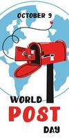 Post Day banner with post box mail box design illustration, World Post Day. World Mail Day. Vertical banner for the holiday. Red mailbox accepts mail, letters, parcels the background earth map vector