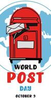 Post Day banner with post box mail box design illustration, World Post Day. World Mail Day. A vertical banner for the holiday. Red mailbox accepts mail, letters, parcels on the earth map blue vector