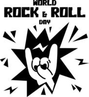 A banner depicting a rocker's hand with horns. A welcome sign in honor of Rock Day on April 13th. The hand bursts out of the lightning and explosion. The inscription about the holiday. One hand vector