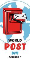 Post Day banner with post box mail box design illustration, World Post Day. World Mail Day. A vertical banner for the holiday. Red mailbox accepts mail, letters, parcels on background earth map vector