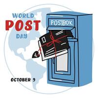 Post Day banner with post box mail box design illustration, World Post Day. World Mail Day. A square banner for the holiday. The blue mailbox accepts mail, letters, parcels on earth map vector