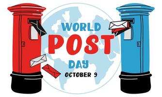 Post Day banner with post box mail box design illustration, World Post Day. World Mail Day. Horizontal banner for the holiday. The blue and red mailbox accepts mail, letters, parcels earth map vector