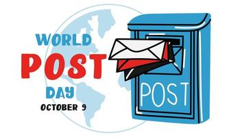 Post Day banner with post box mail box design illustration, World Post Day. World Mail Day. Horizontal banner for the holiday. The blue mailbox accepts mail, parcels on the background earth map vector