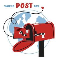 Post Day banner with post box mail box design illustration, World Post Day. World Mail Day. A square banner for the holiday. The red mailbox accepts mail, letters, parcels on the earth map vector