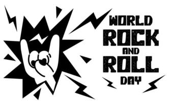 Banner depicting a rocker's hand with horns. Welcome sign in honor of Rock Day on April 13th. Hand bursts out of the lightning and explosion. The inscription about the holiday. One hand. Horizontally vector