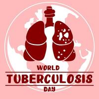 World Tuberculosis Day. March 24 - information banner of the fight against tuberculosis with a silhouette map of the world, a view of the affected red flat lungs. The banner is pink World TB day. vector