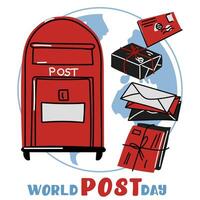 Post Day banner with post box mail box design illustration, World Post Day. World Mail Day. Square banner for the holiday. The red mailbox accepts mail, letters, parcels on the blue earth map vector