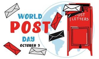 Post Day banner with post box mail box design illustration, World Post Day. World Mail Day. A horizontal banner for the holiday. The red mailbox accepts mail, letters, parcels on the earth map vector