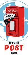 Post Day banner with post box mail box design illustration, World Post Day. World Mail Day. A vertical banner for the holiday. The red mailbox accepts mail, letters, parcels on the earth map vector