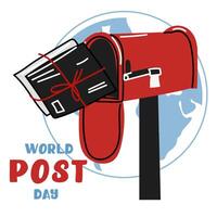 Post Day banner with post box mail box design illustration, World Post Day. World Mail Day. Square banner for the holiday. Red mailbox accepts mail, letters, parcels on the blue earth map vector
