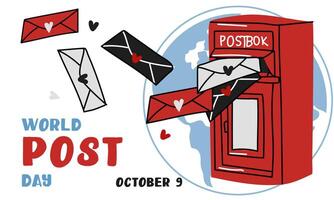 Post Day banner with post box mail box design illustration, World Post Day. World Mail Day. A horizontal banner for the holiday. Red mailbox accepts mail, letters, parcels on the earth map vector
