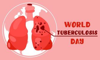 World Tuberculosis Day. March 24 - information banner of the fight against tuberculosis with a silhouette map of the world, a view of the affected lungs from the inside. horizontal pink World TB day. vector