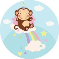 Round illustration with unicorn monkey on rainbow with clouds vector